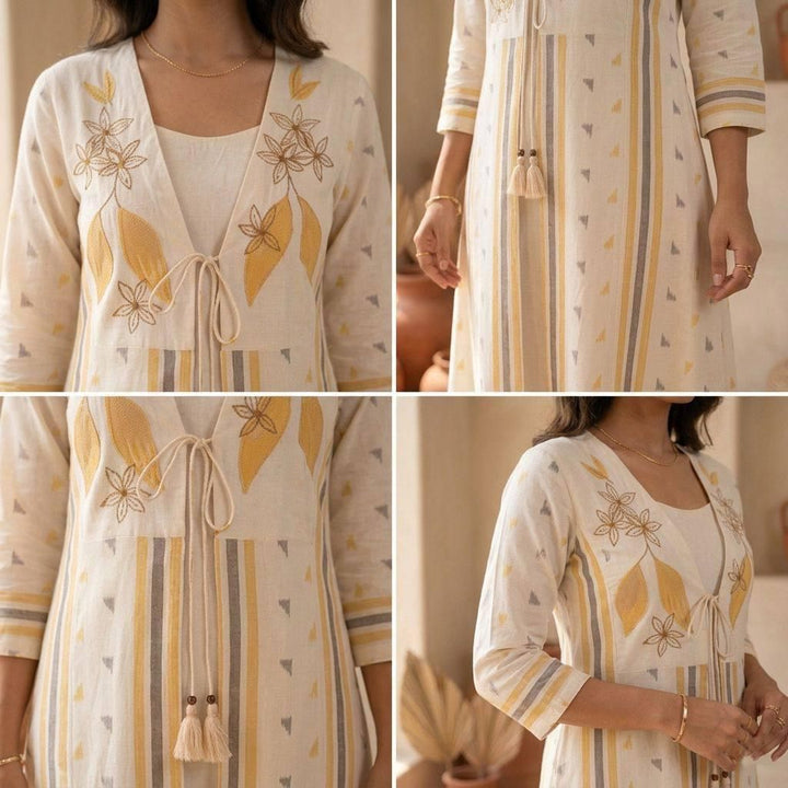 Premium Pure Cotton 2 Piece Kurta & Embroidered Jacket Set for Women SurMira Fashion