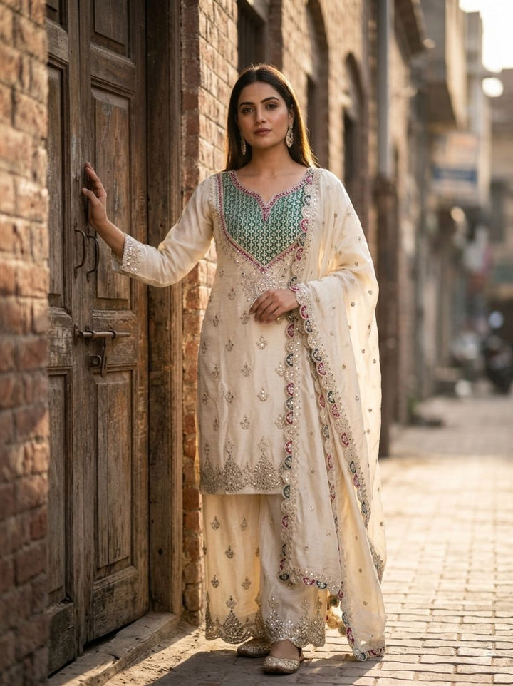 Premium Chinon Silk Palazzo Suit with Mirror Diamond & Sequence Embroidery