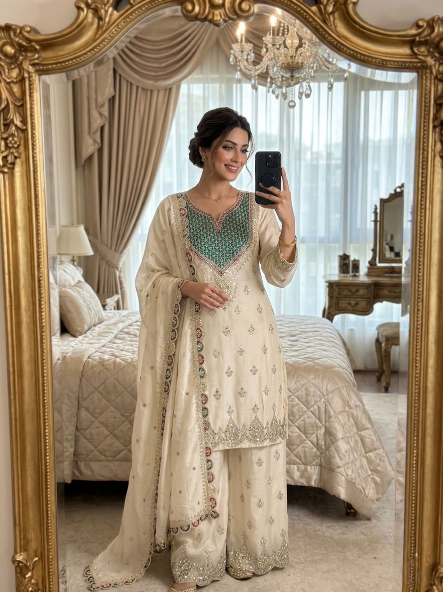 Premium Chinon Silk Palazzo Suit with Mirror Diamond & Sequence Embroidery