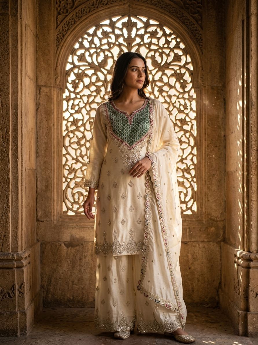 Premium Chinon Silk Palazzo Suit with Mirror Diamond & Sequence Embroidery