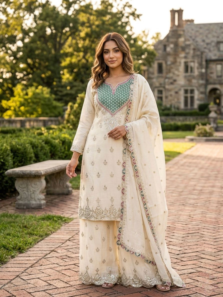 Premium Chinon Silk Palazzo Suit with Mirror Diamond & Sequence Embroidery