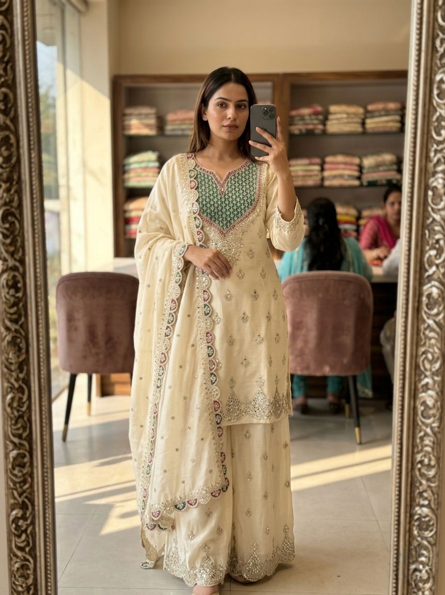 Premium Chinon Silk Palazzo Suit with Mirror Diamond & Sequence Embroidery