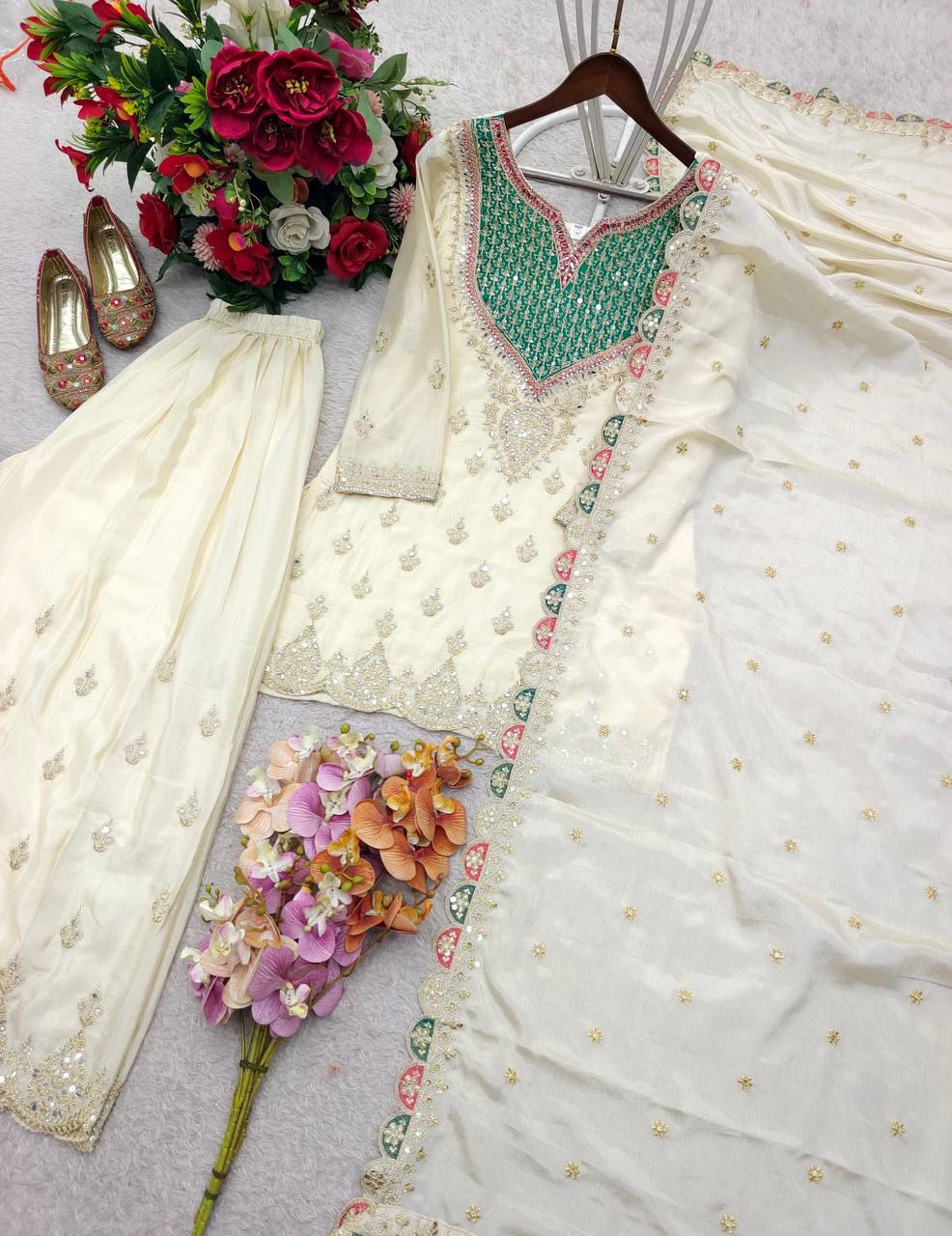 Premium Chinon Silk Palazzo Suit with Mirror Diamond & Sequence Embroidery