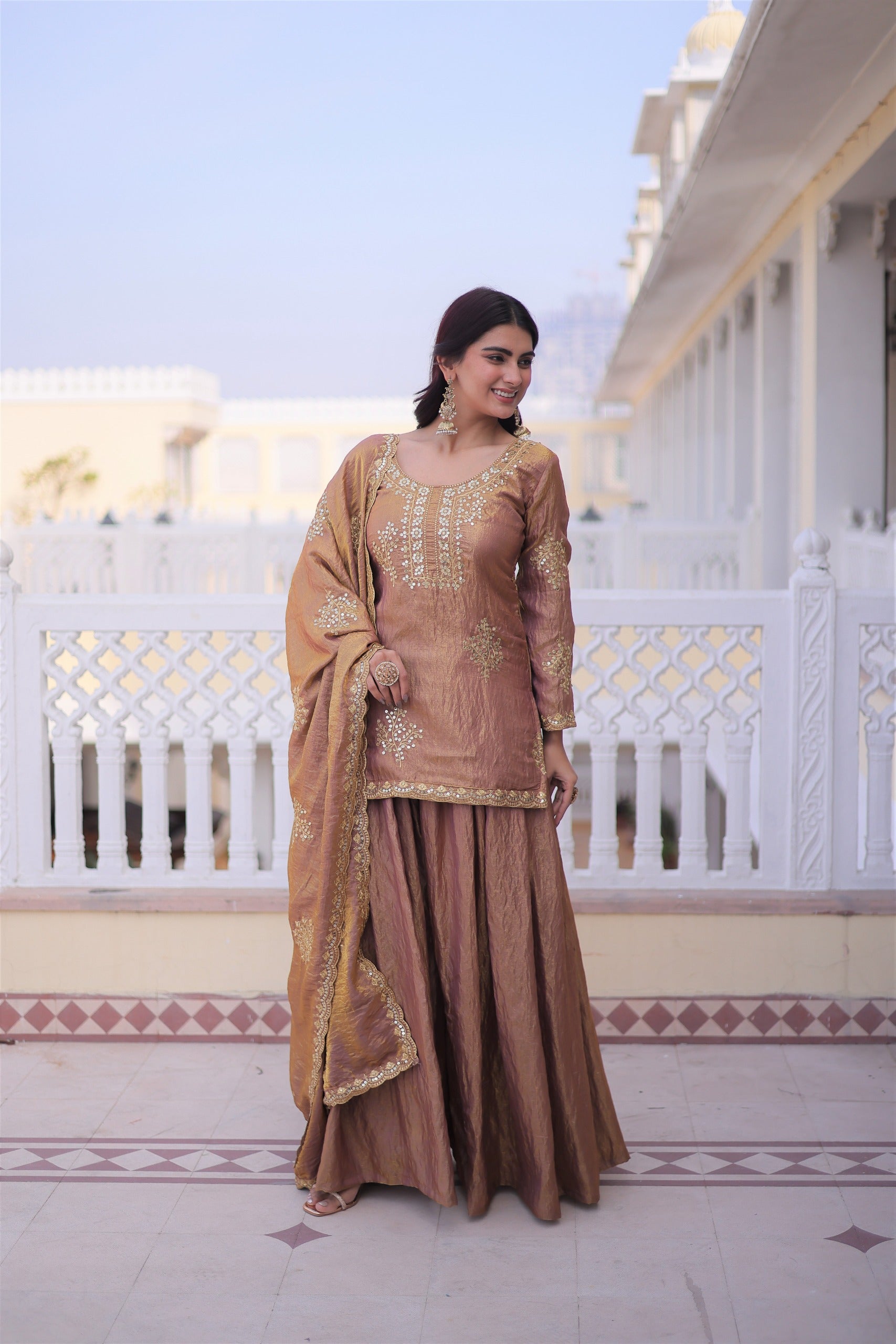 Premium Fendi Crush Sharara Suit with Zari Sequins Embroidery