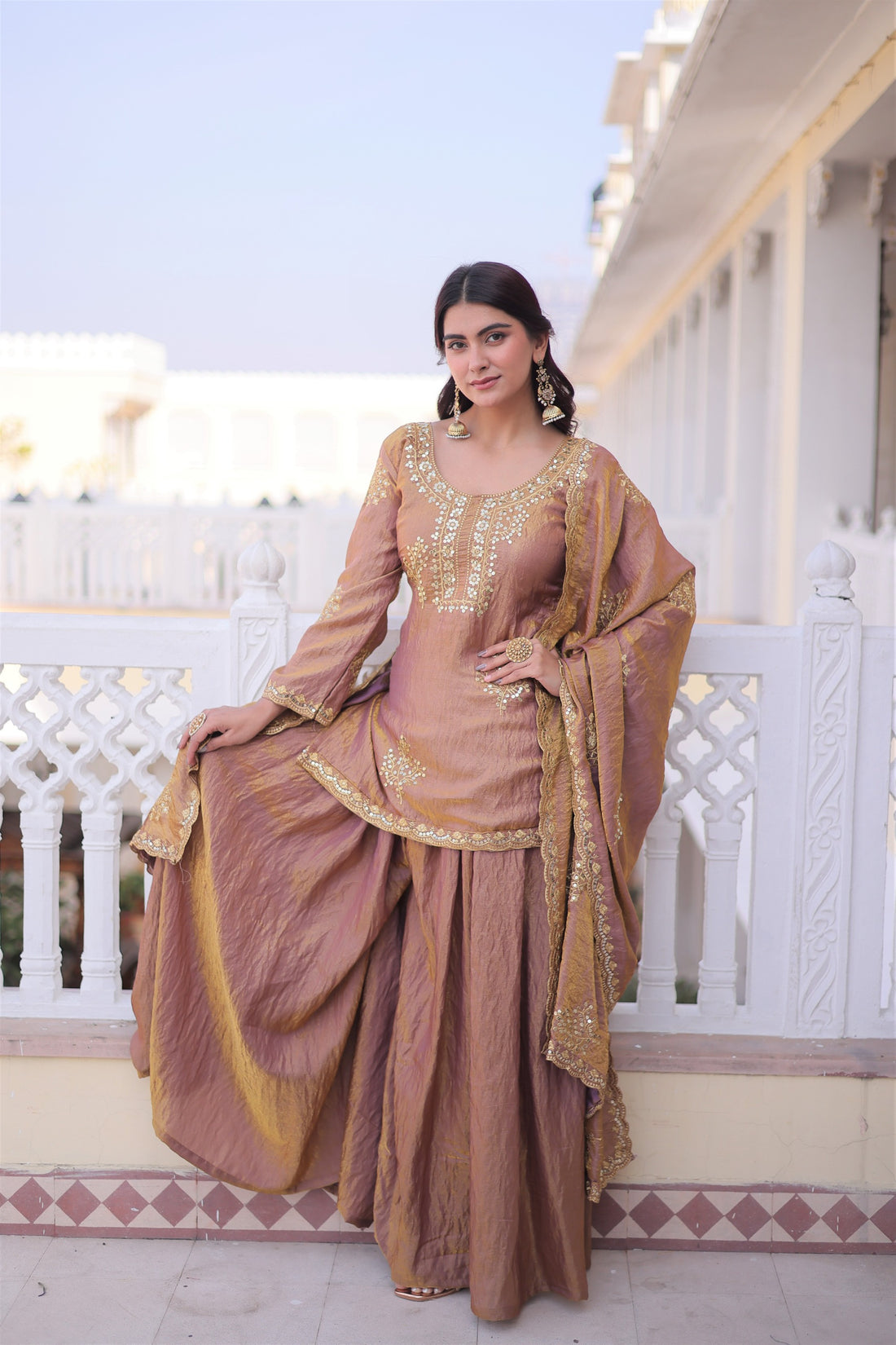 Premium Fendi Crush Sharara Suit with Zari Sequins Embroidery
