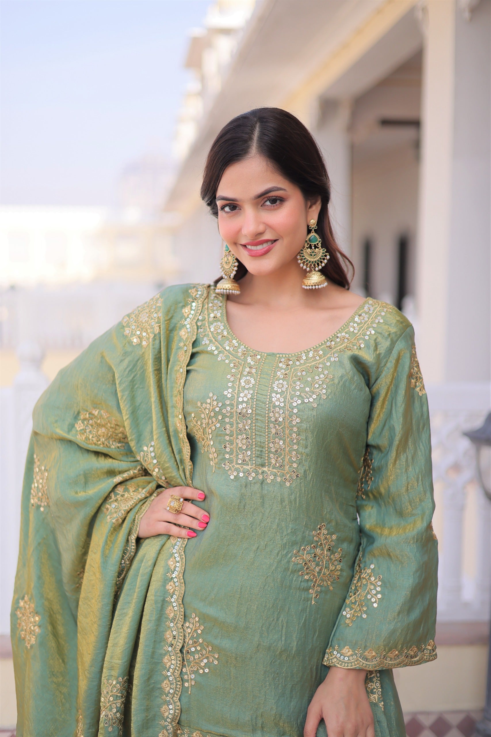 Premium Fendi Crush Sharara Suit with Zari Sequins Embroidery