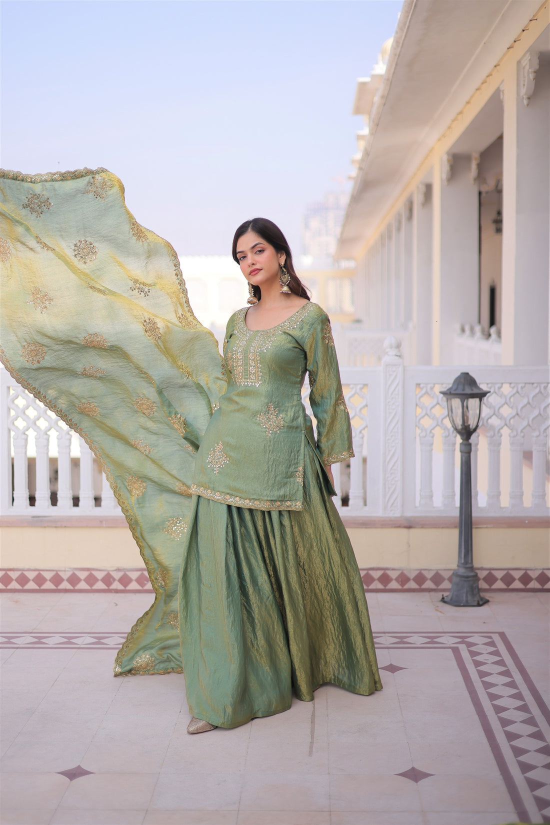 Premium Fendi Crush Sharara Suit with Zari Sequins Embroidery
