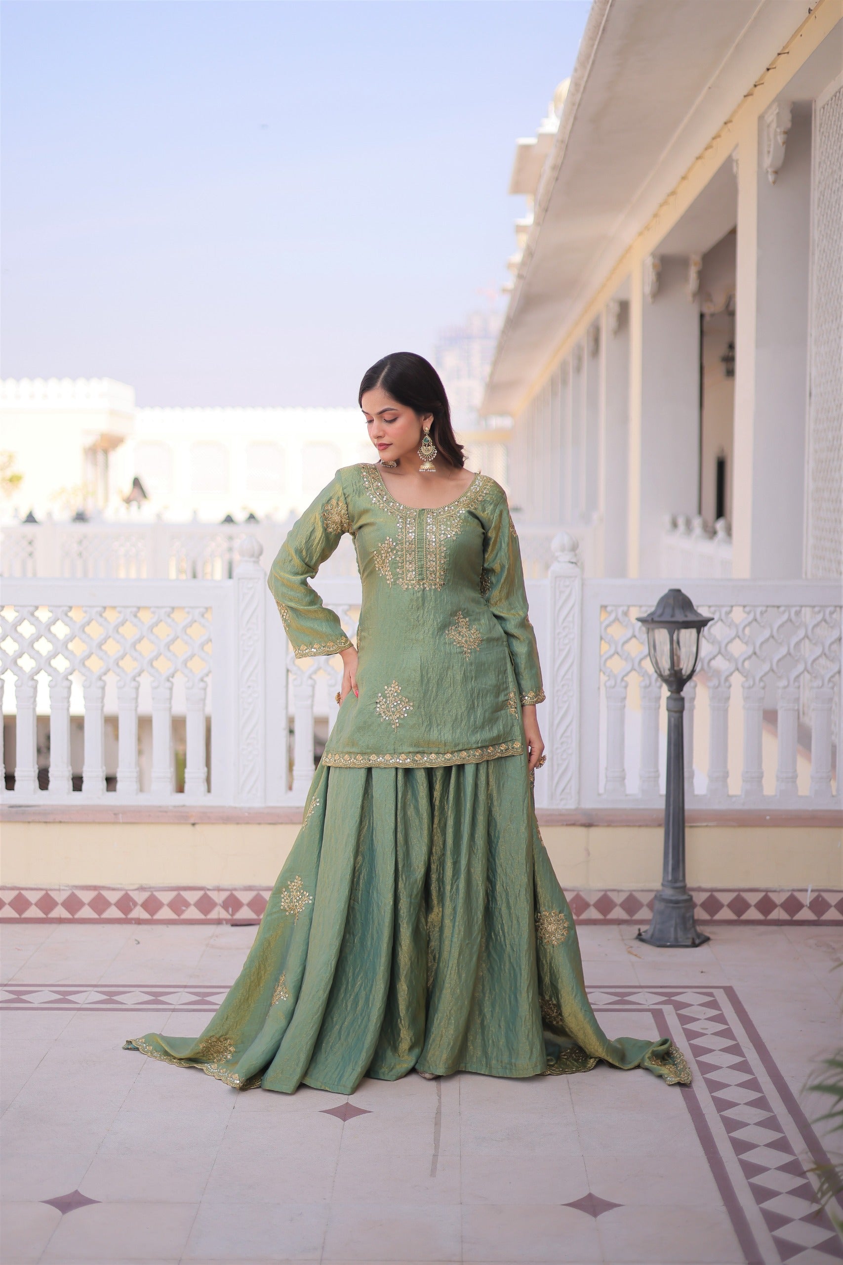 Premium Fendi Crush Sharara Suit with Zari Sequins Embroidery