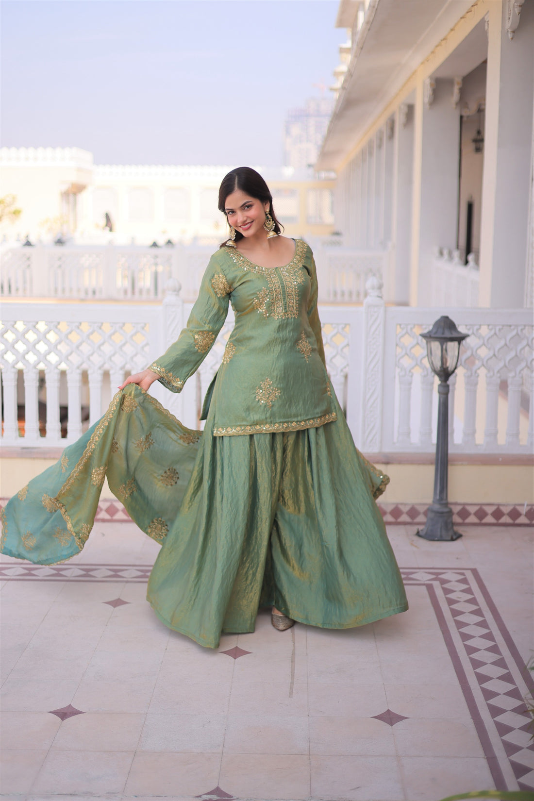 Premium Fendi Crush Sharara Suit with Zari Sequins Embroidery