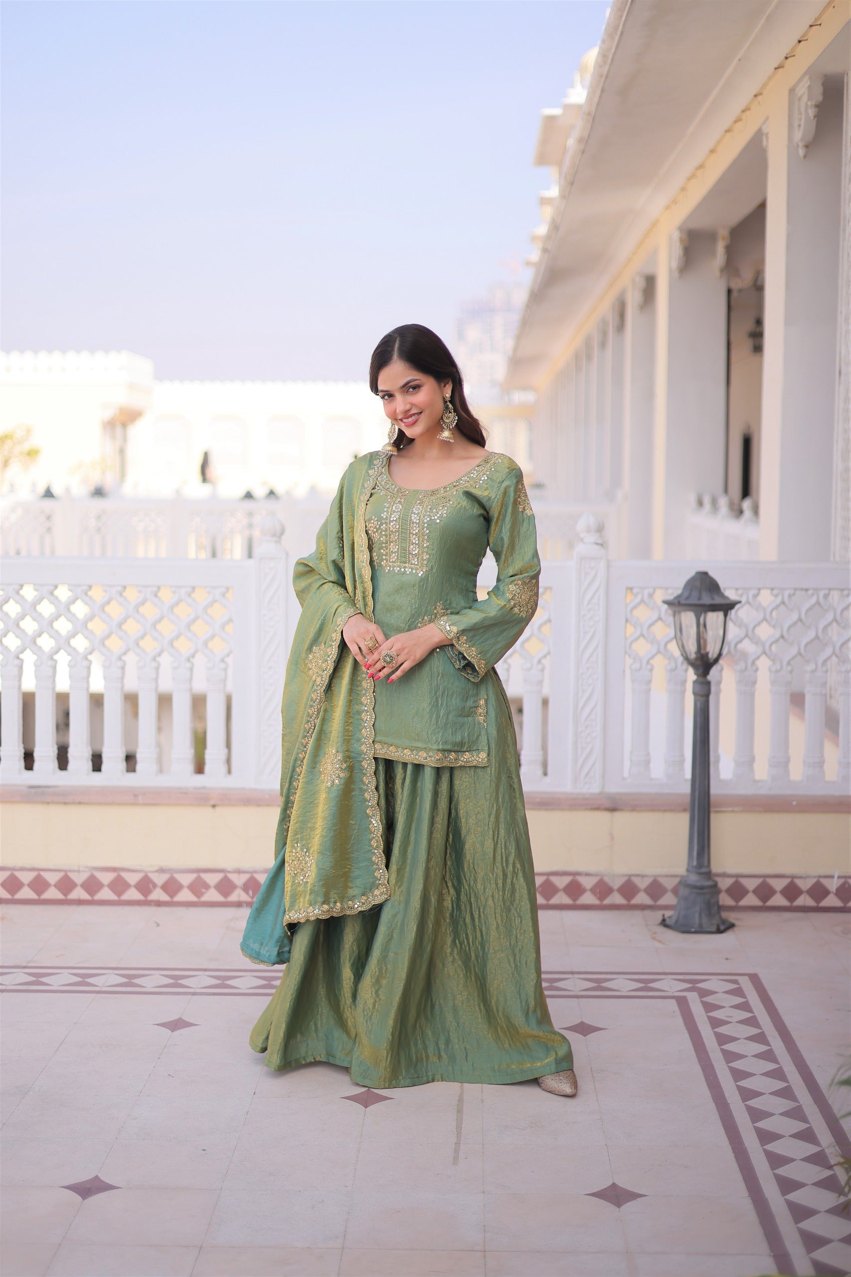 Premium Fendi Crush Sharara Suit with Zari Sequins Embroidery