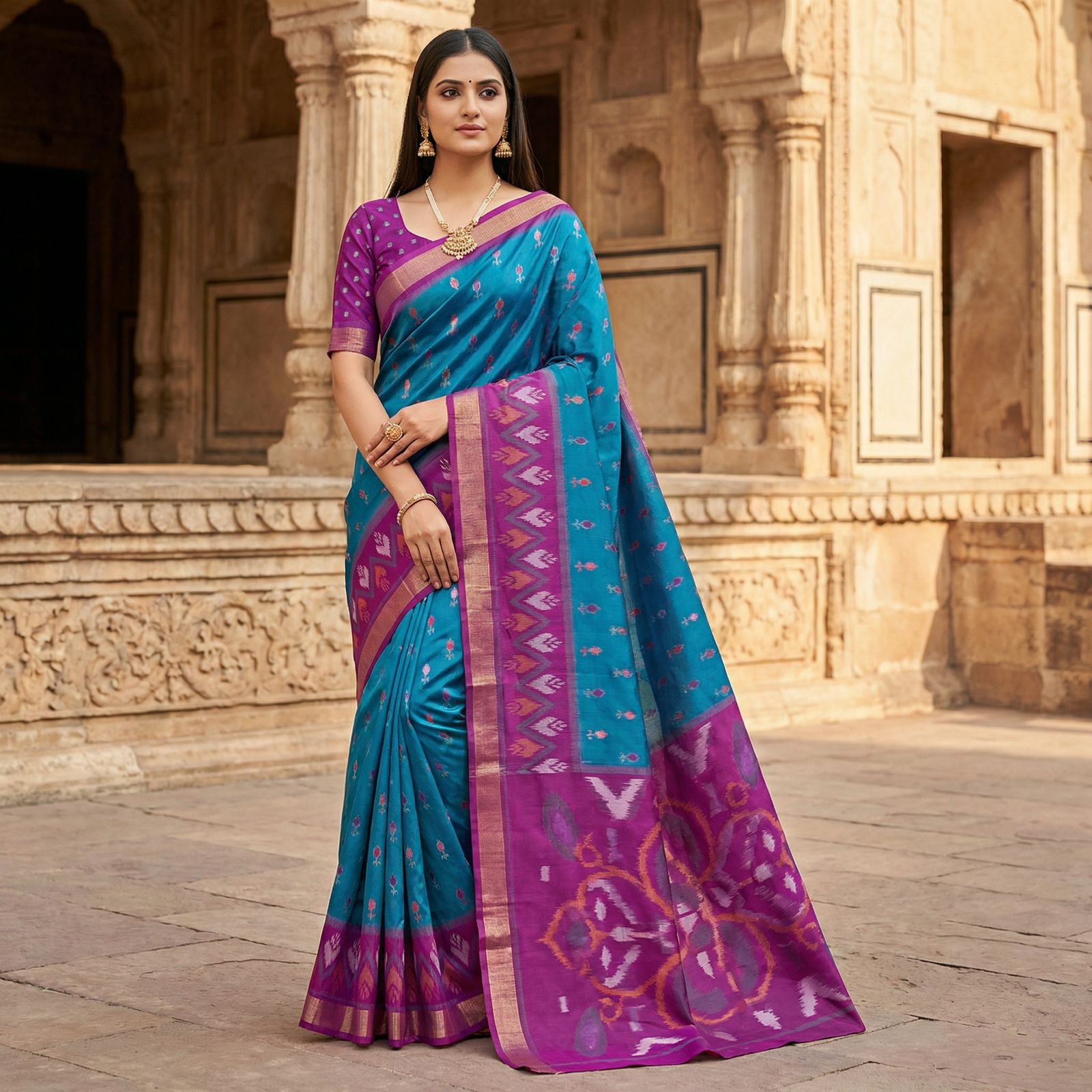 Traditional Pochampalli Silk Blend Saree with Zari Border