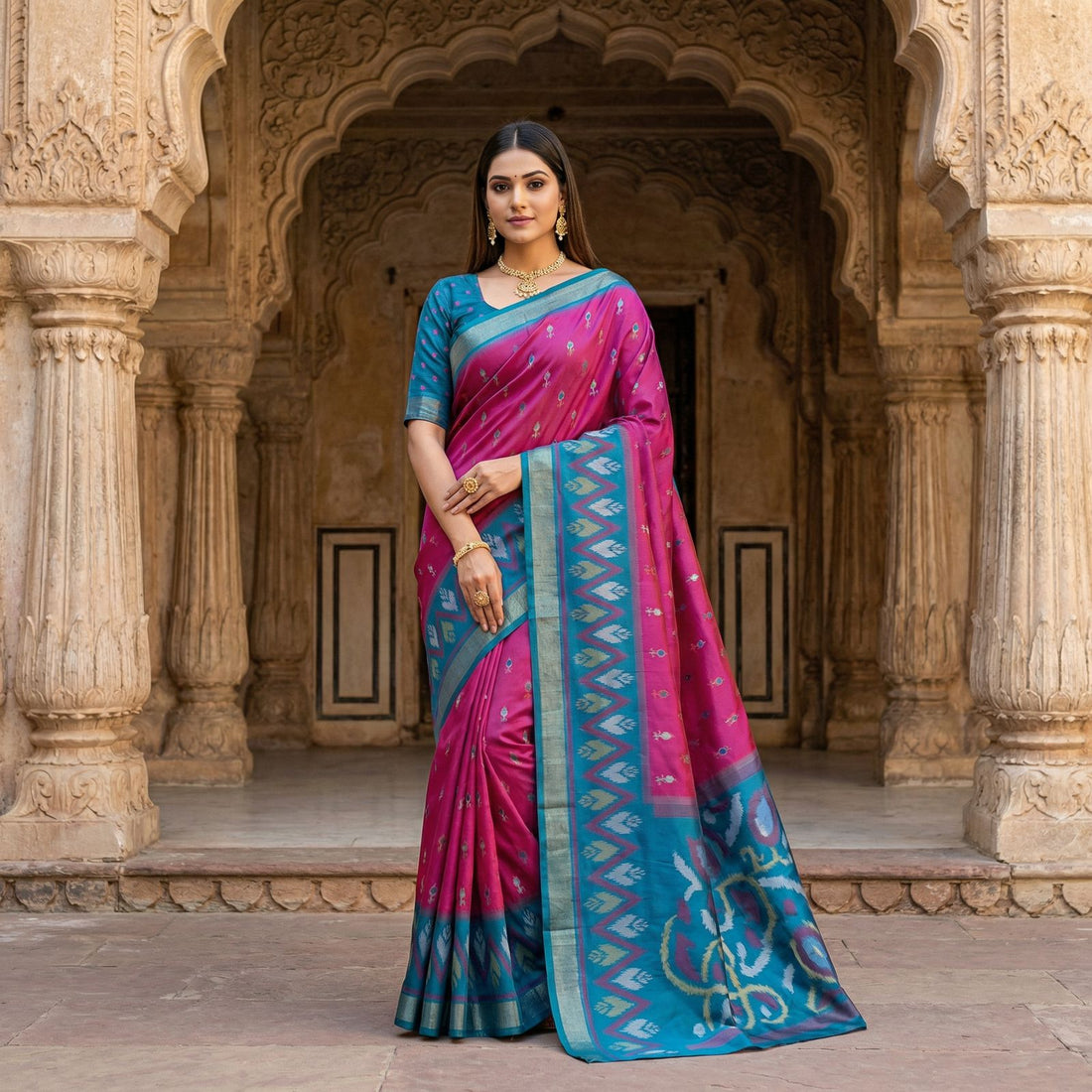 Traditional Pochampalli Silk Blend Saree with Zari Border