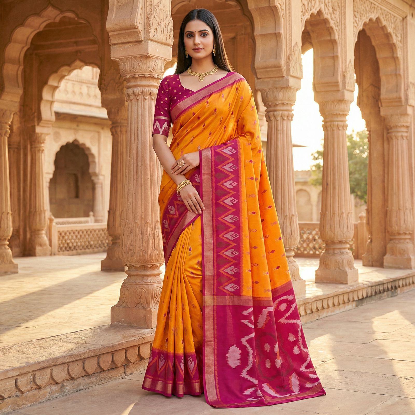 Traditional Pochampalli Silk Blend Saree with Zari Border