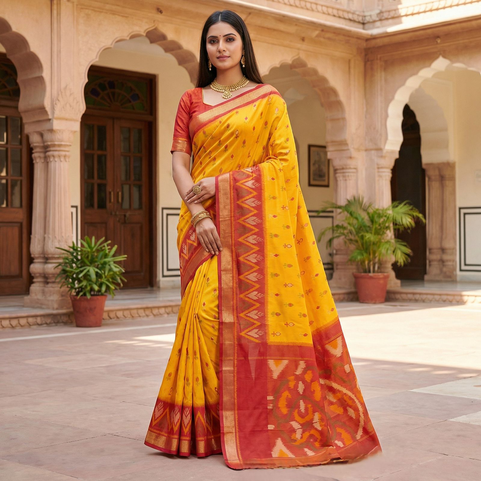 Traditional Pochampalli Silk Blend Saree with Zari Border