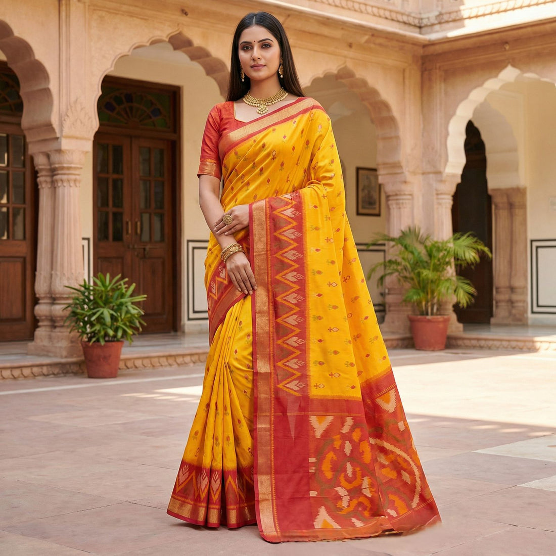 Traditional Pochampalli Silk Blend Saree with Zari Border