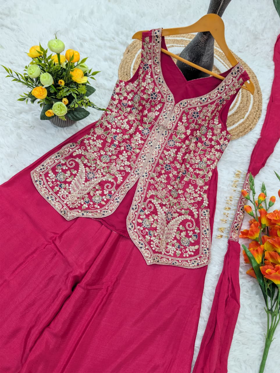 Designer Pure Viscose Chinon Silk Kurti Pant Set for Women