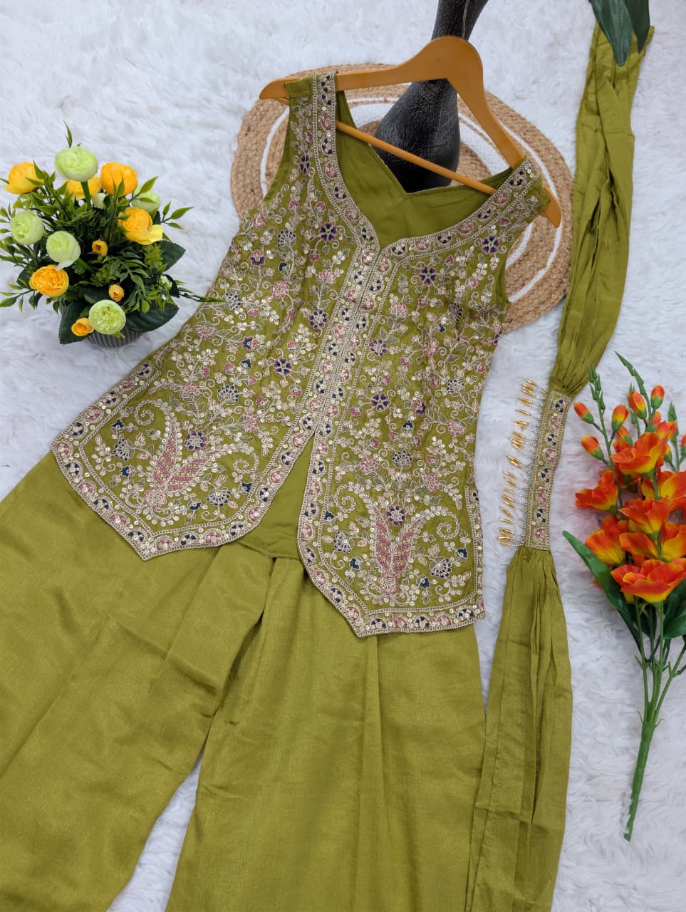 Designer Pure Viscose Chinon Silk Kurti Pant Set for Women