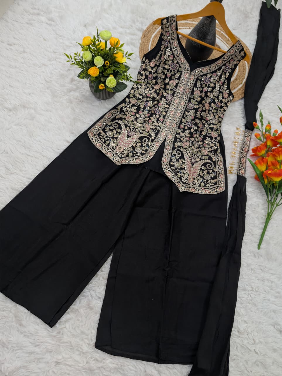 Designer Pure Viscose Chinon Silk Kurti Pant Set for Women