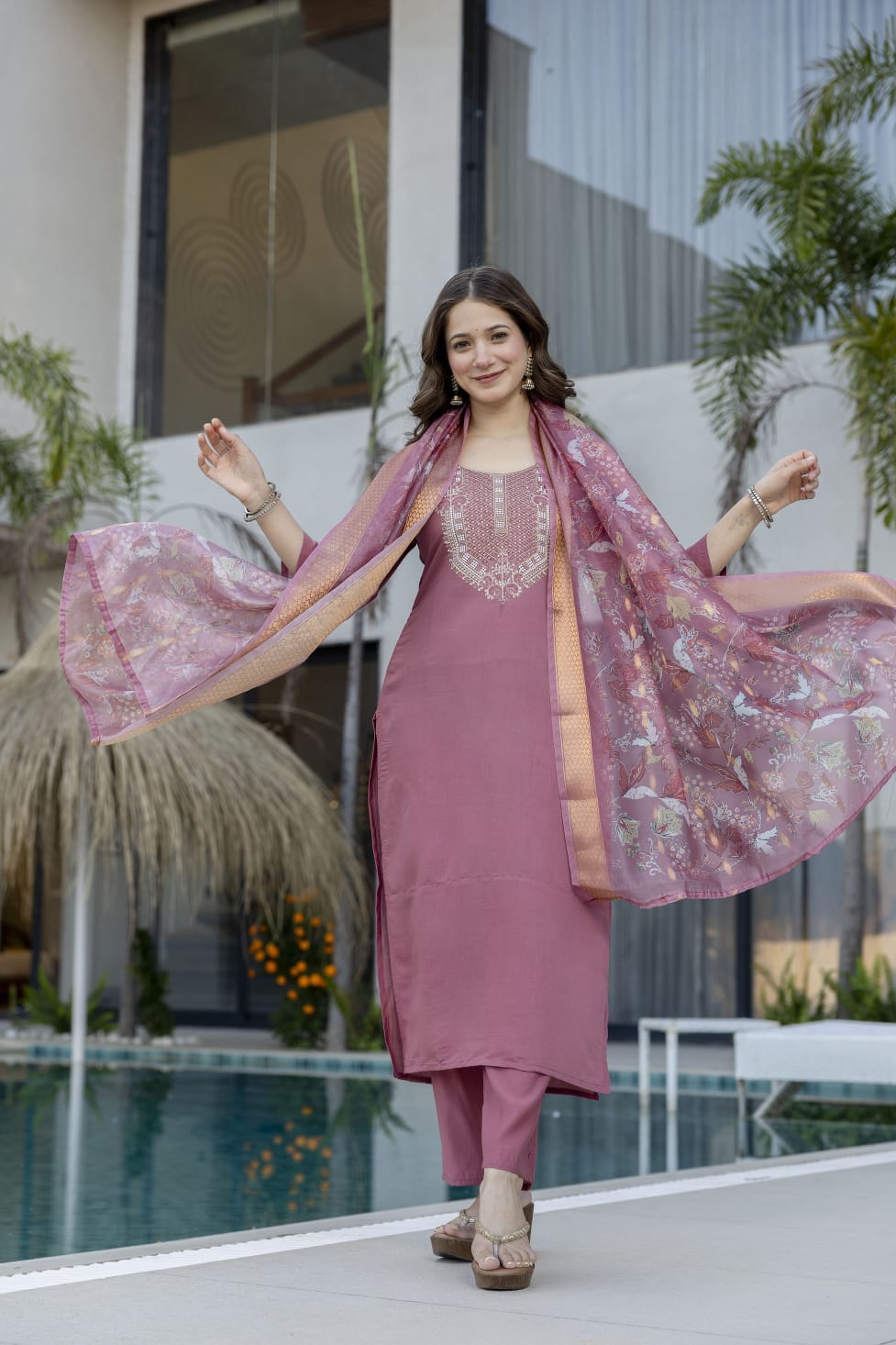 Women's Party Wear Chanderi Embroidered Kurti Set