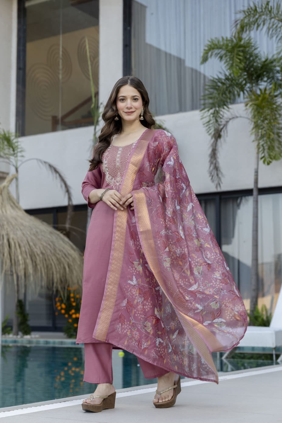 Women's Party Wear Chanderi Embroidered Kurti Set