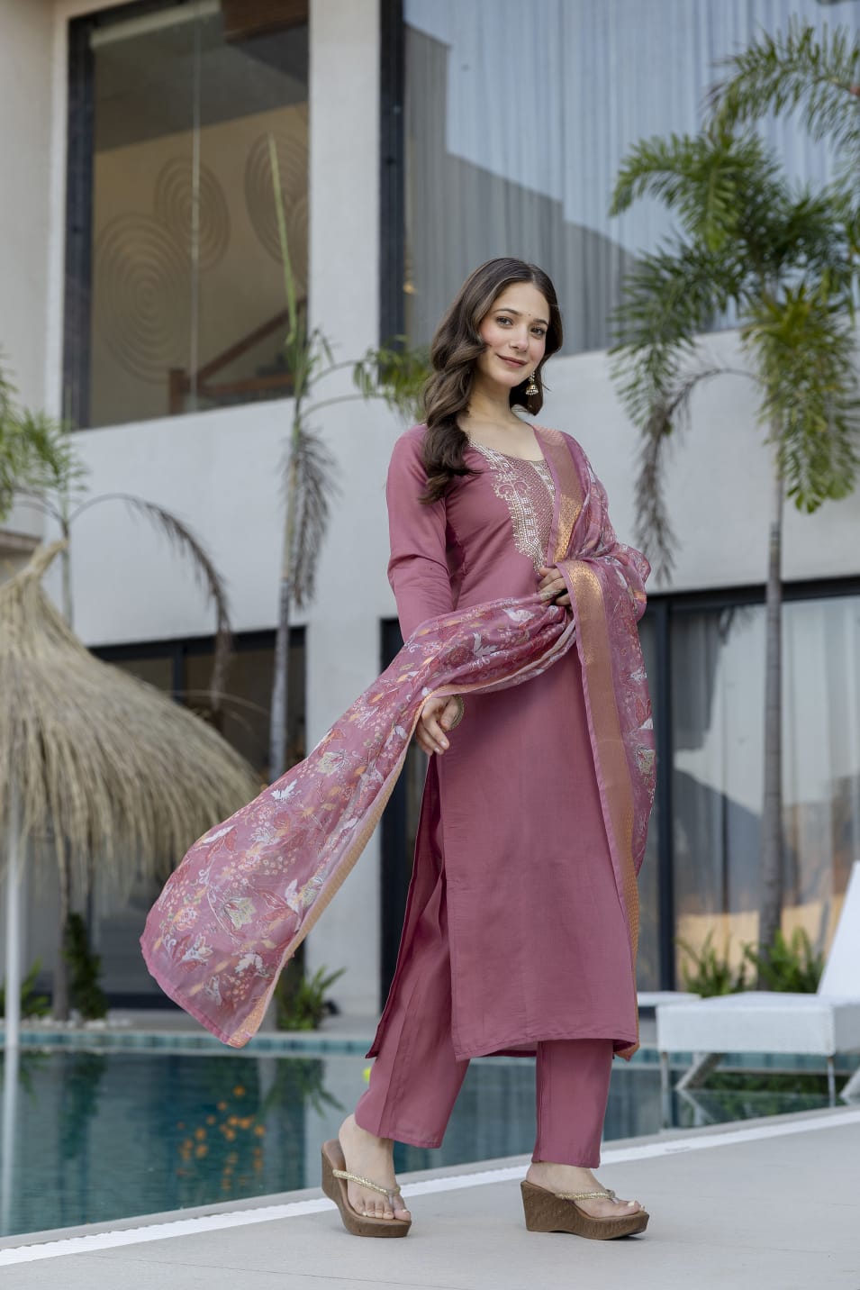 Women's Party Wear Chanderi Embroidered Kurti Set