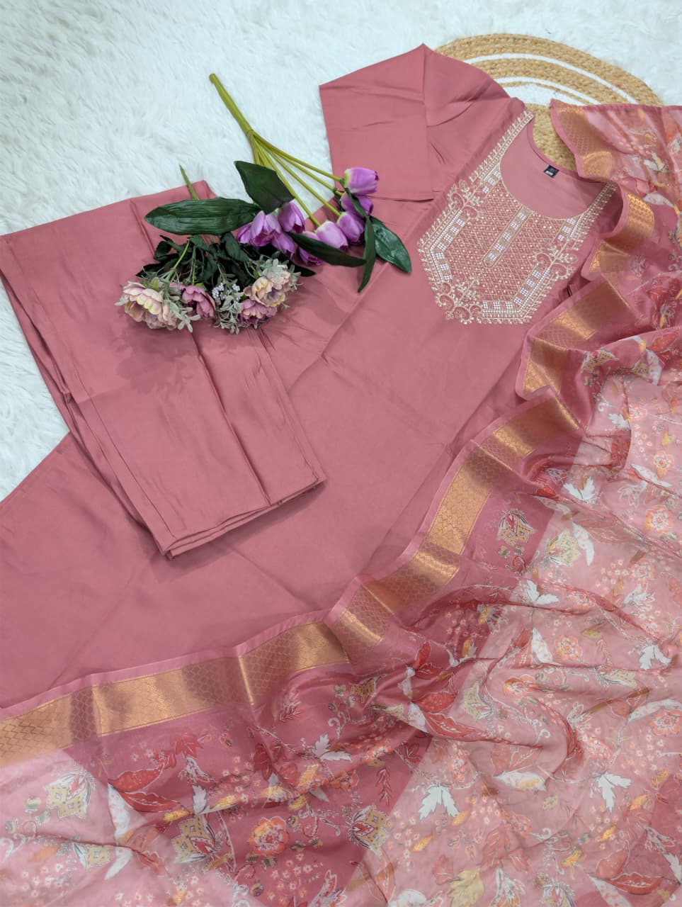 Women's Party Wear Chanderi Embroidered Kurti Set
