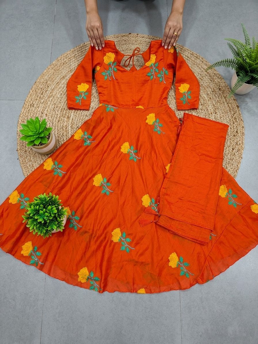 Designer Vichitra Silk Anarkali with Embroidered Dupatta