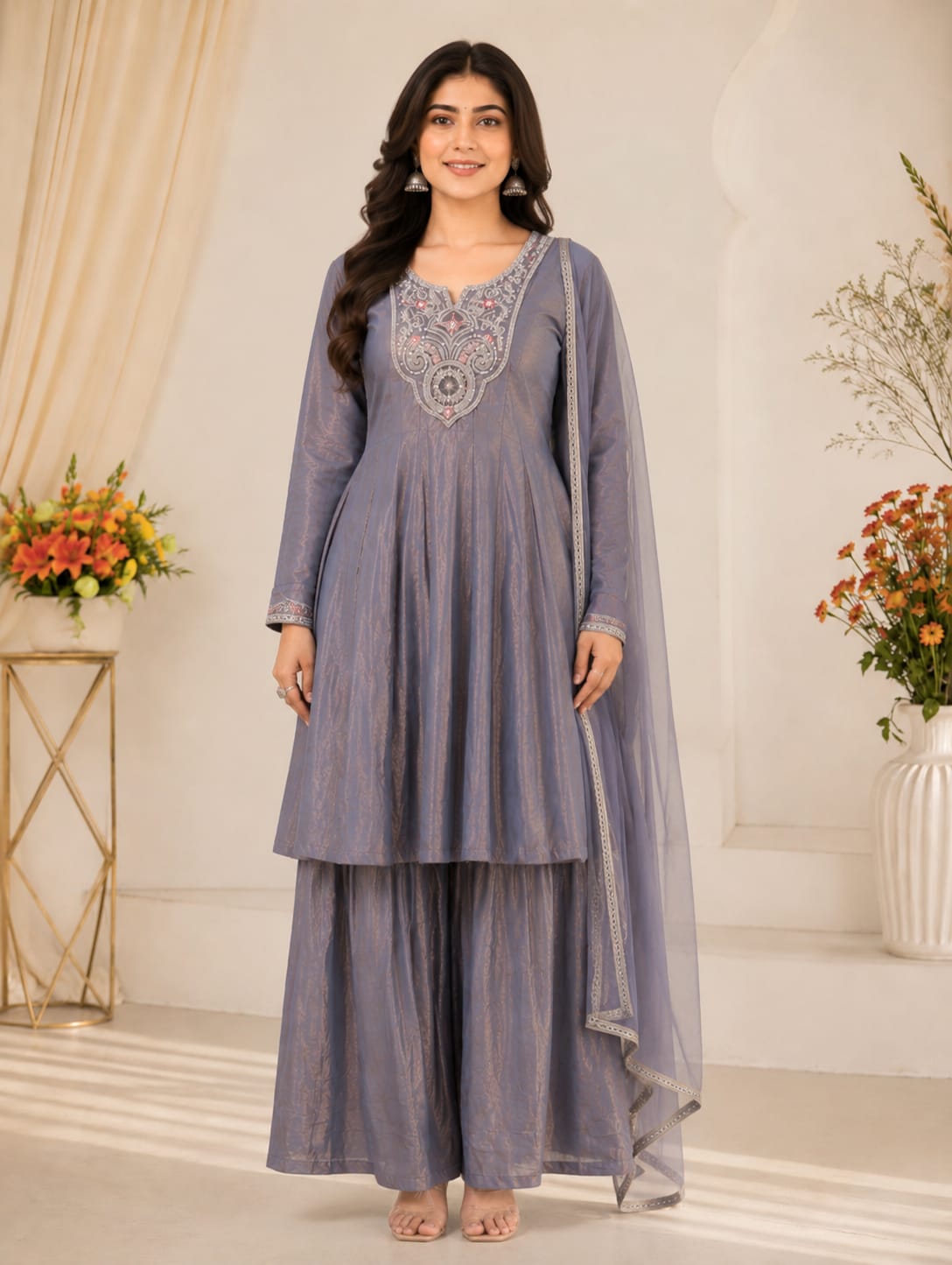 Elegant Fandy Silk Kurti Set with Sequence Coding & Beads Work
