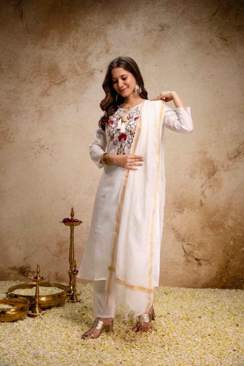 Women’s Pure Viscose Chanderi Embroidered Kurti Pant Set with Bhagalpuri Dupatta