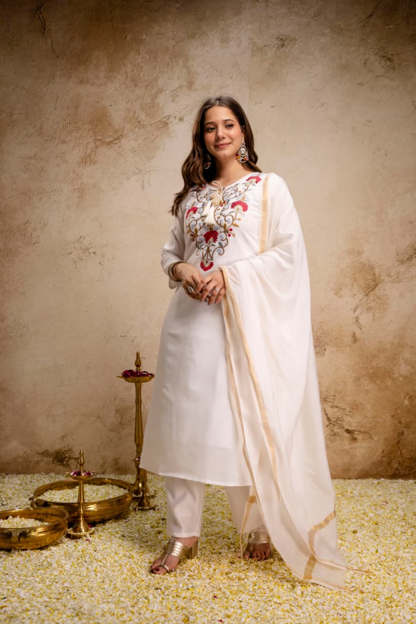 Women’s Pure Viscose Chanderi Embroidered Kurti Pant Set with Bhagalpuri Dupatta