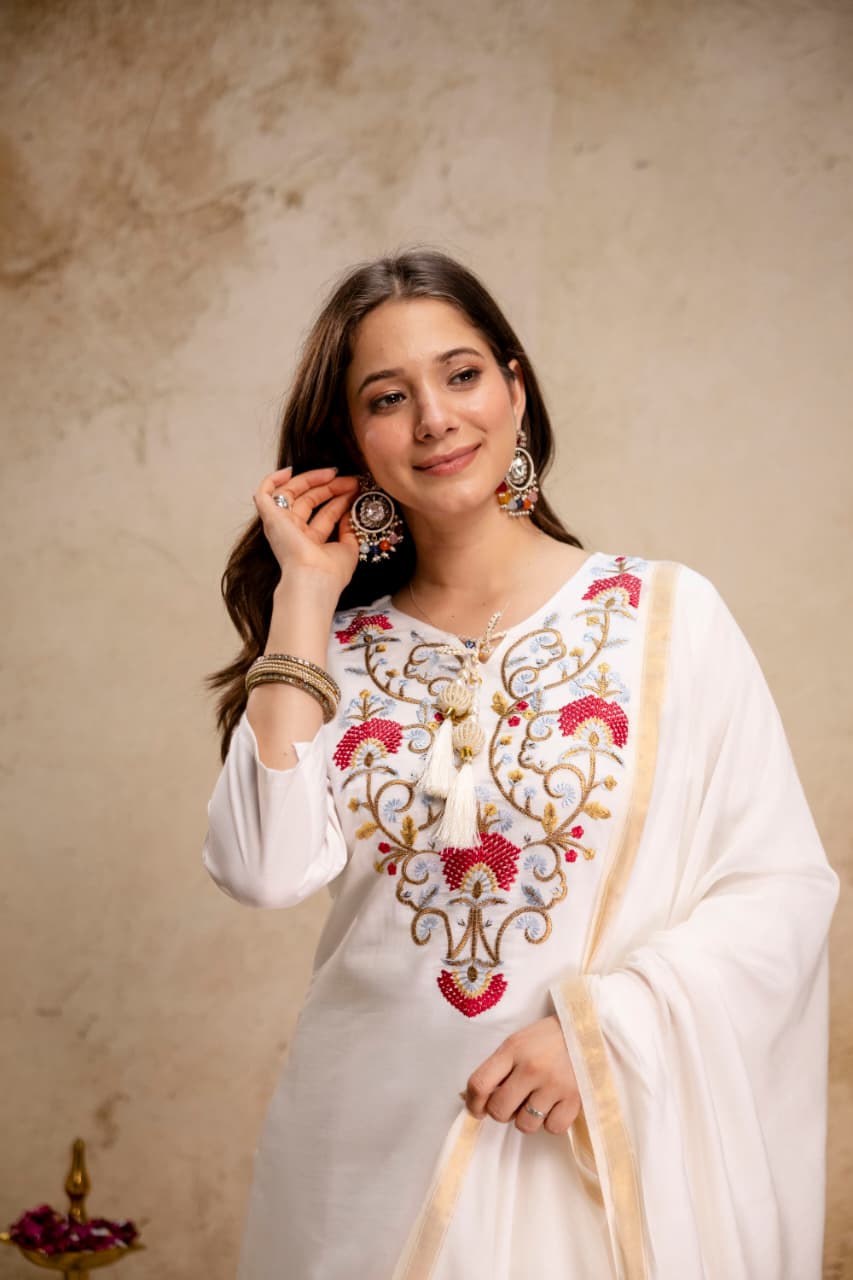 Women’s Pure Viscose Chanderi Embroidered Kurti Pant Set with Bhagalpuri Dupatta