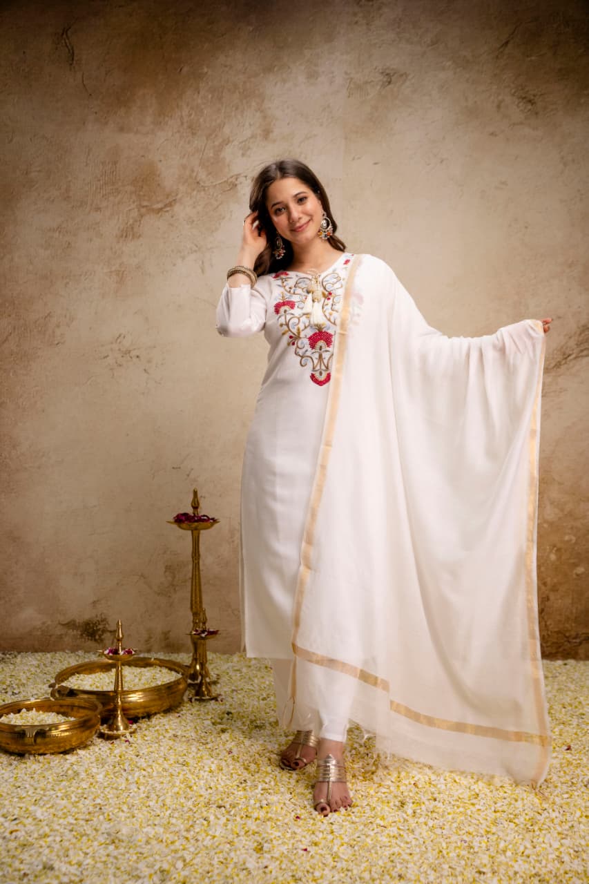 Women’s Pure Viscose Chanderi Embroidered Kurti Pant Set with Bhagalpuri Dupatta