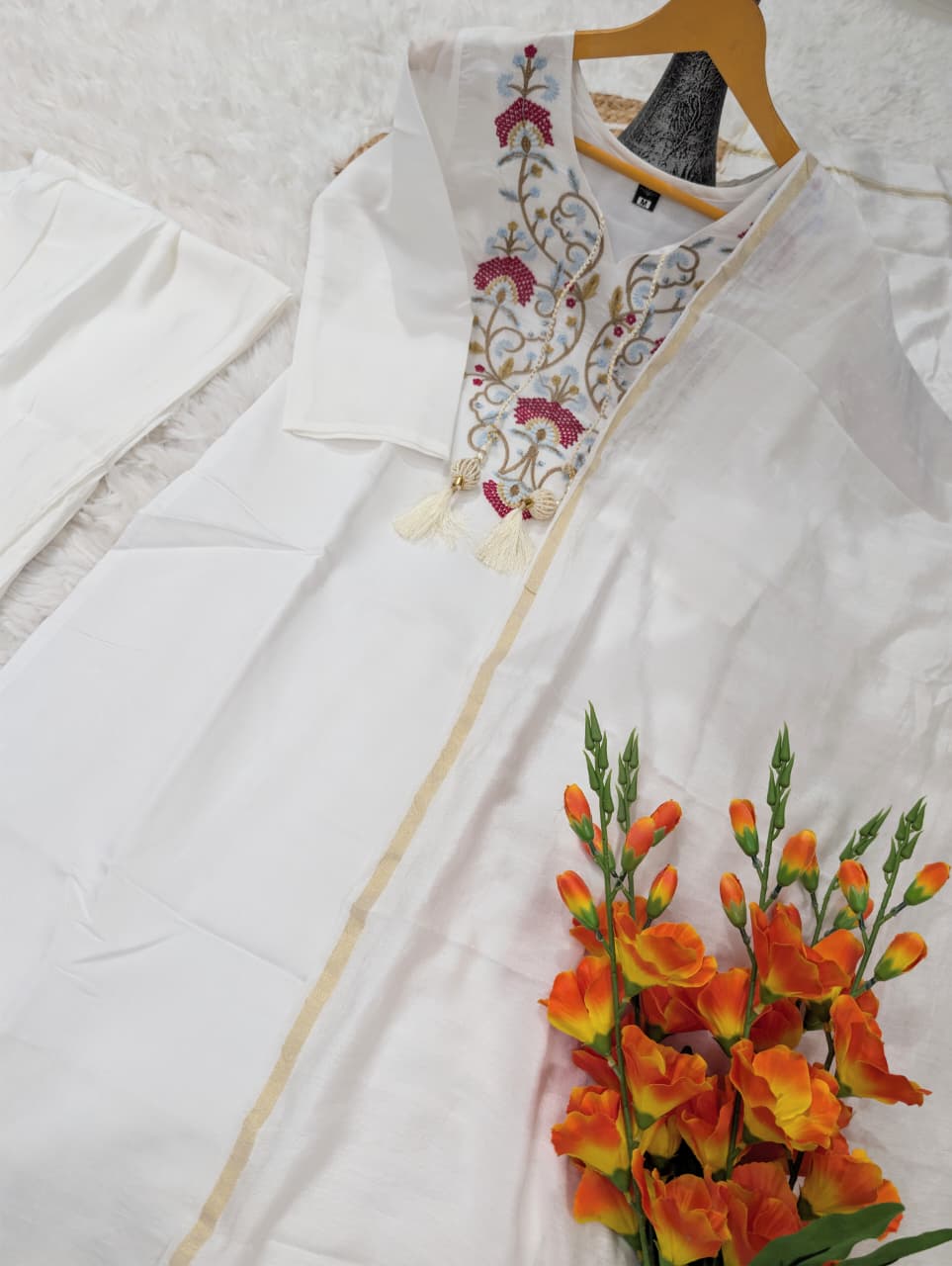 Women’s Pure Viscose Chanderi Embroidered Kurti Pant Set with Bhagalpuri Dupatta
