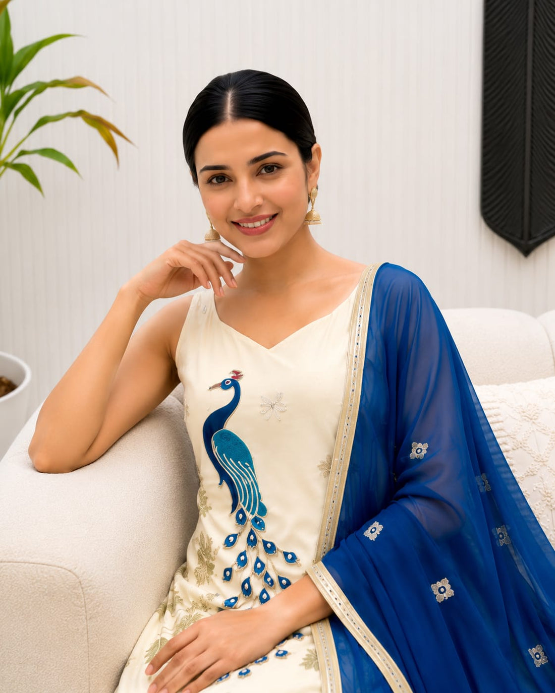 Women's Pure French Crepe Embroidered Kurti Pant Set with Georgette Dupatta