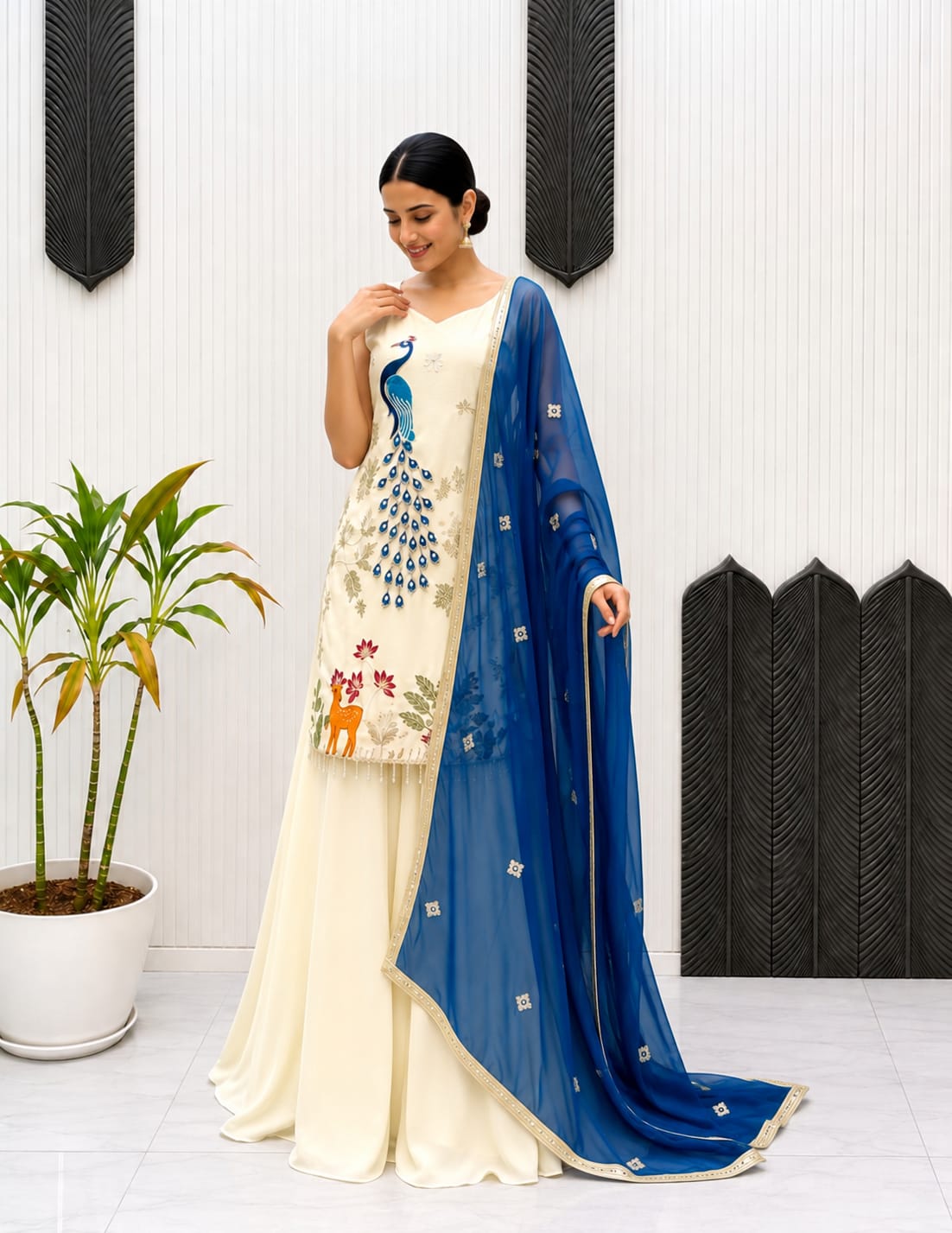 Women's Pure French Crepe Embroidered Kurti Pant Set with Georgette Dupatta