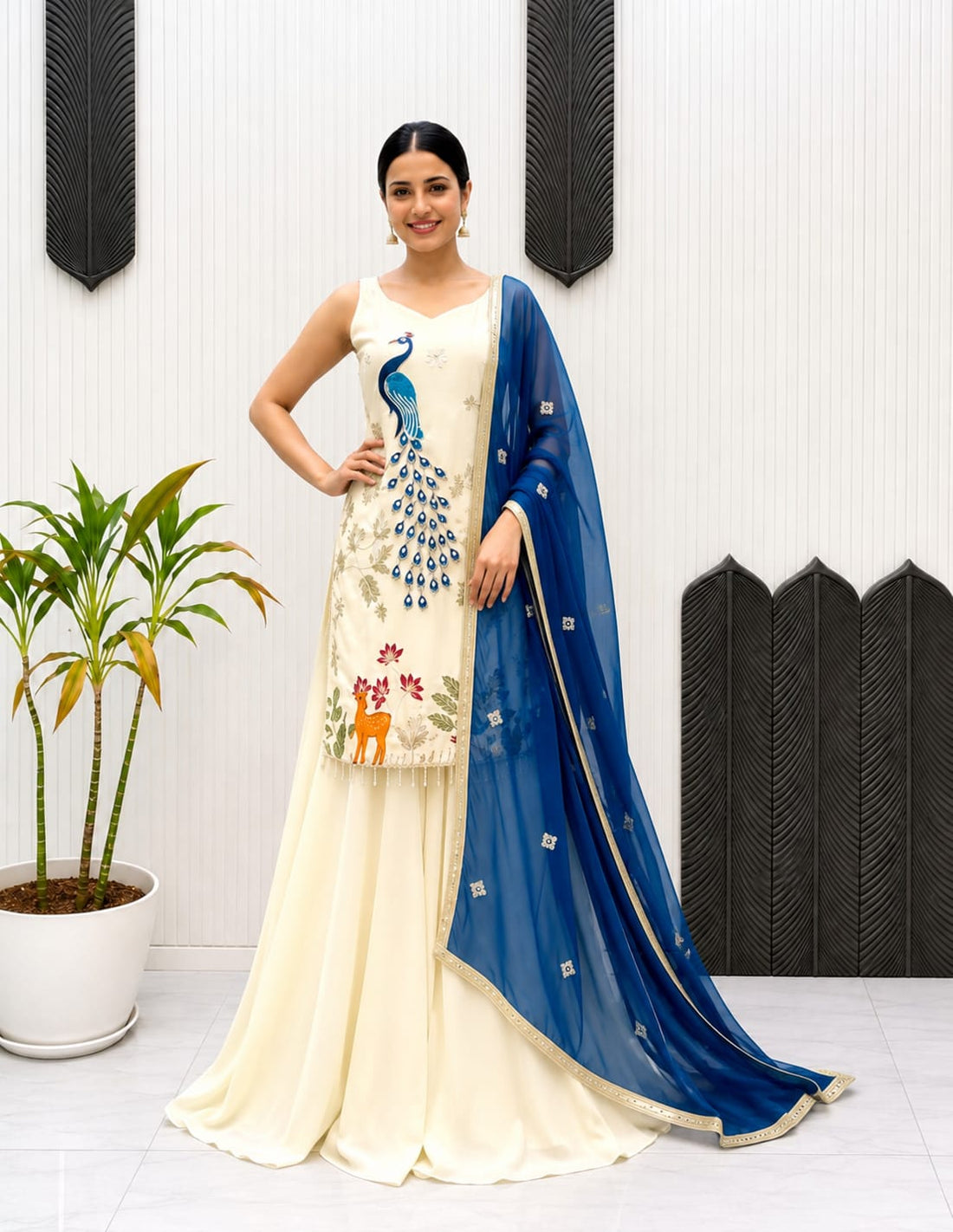 Women's Pure French Crepe Embroidered Kurti Pant Set with Georgette Dupatta