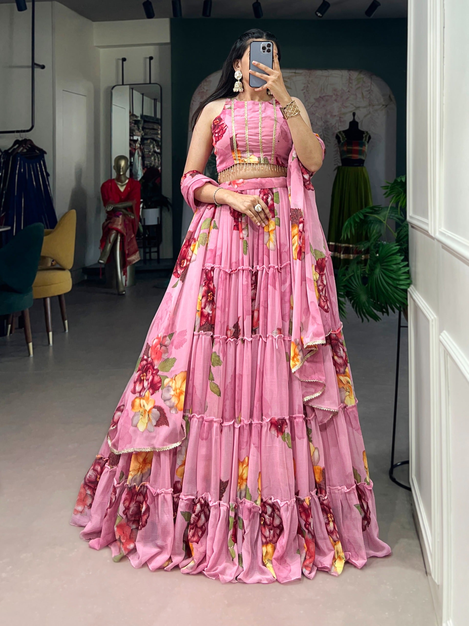 Women’s Floral Print Chiffon Lehenga Choli Set with Lace Work & Dupatta