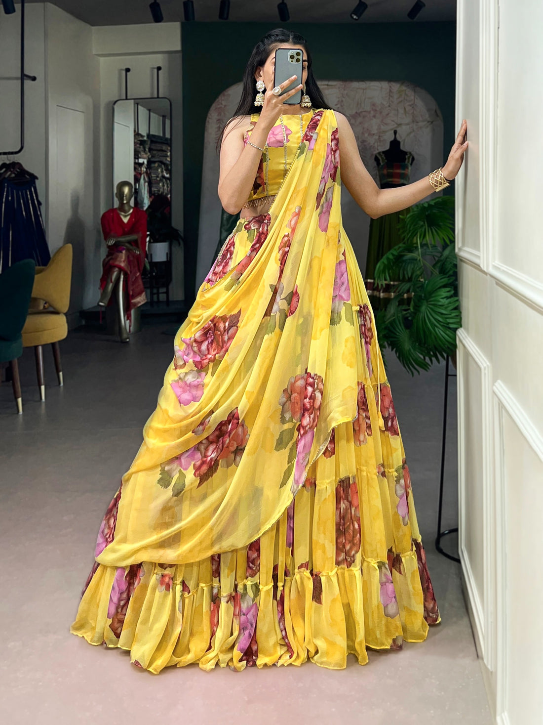 Women’s Floral Print Chiffon Lehenga Choli Set with Lace Work & Dupatta
