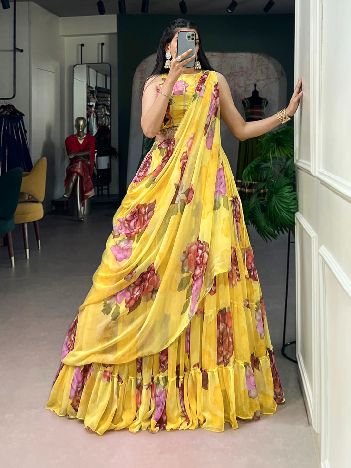 Women’s Floral Print Chiffon Lehenga Choli Set with Lace Work & Dupatta