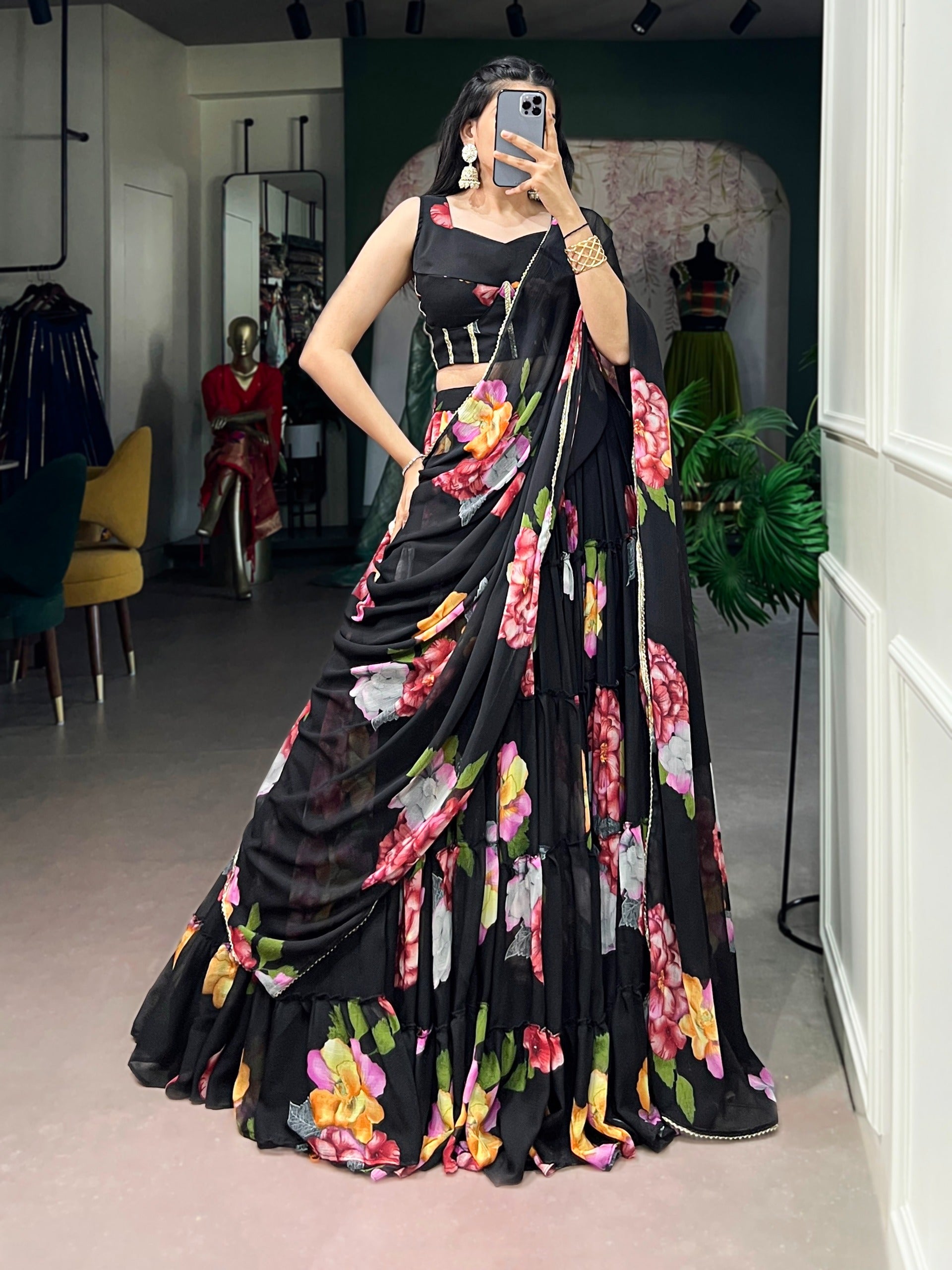 Women’s Floral Print Chiffon Lehenga Choli Set with Lace Work & Dupatta