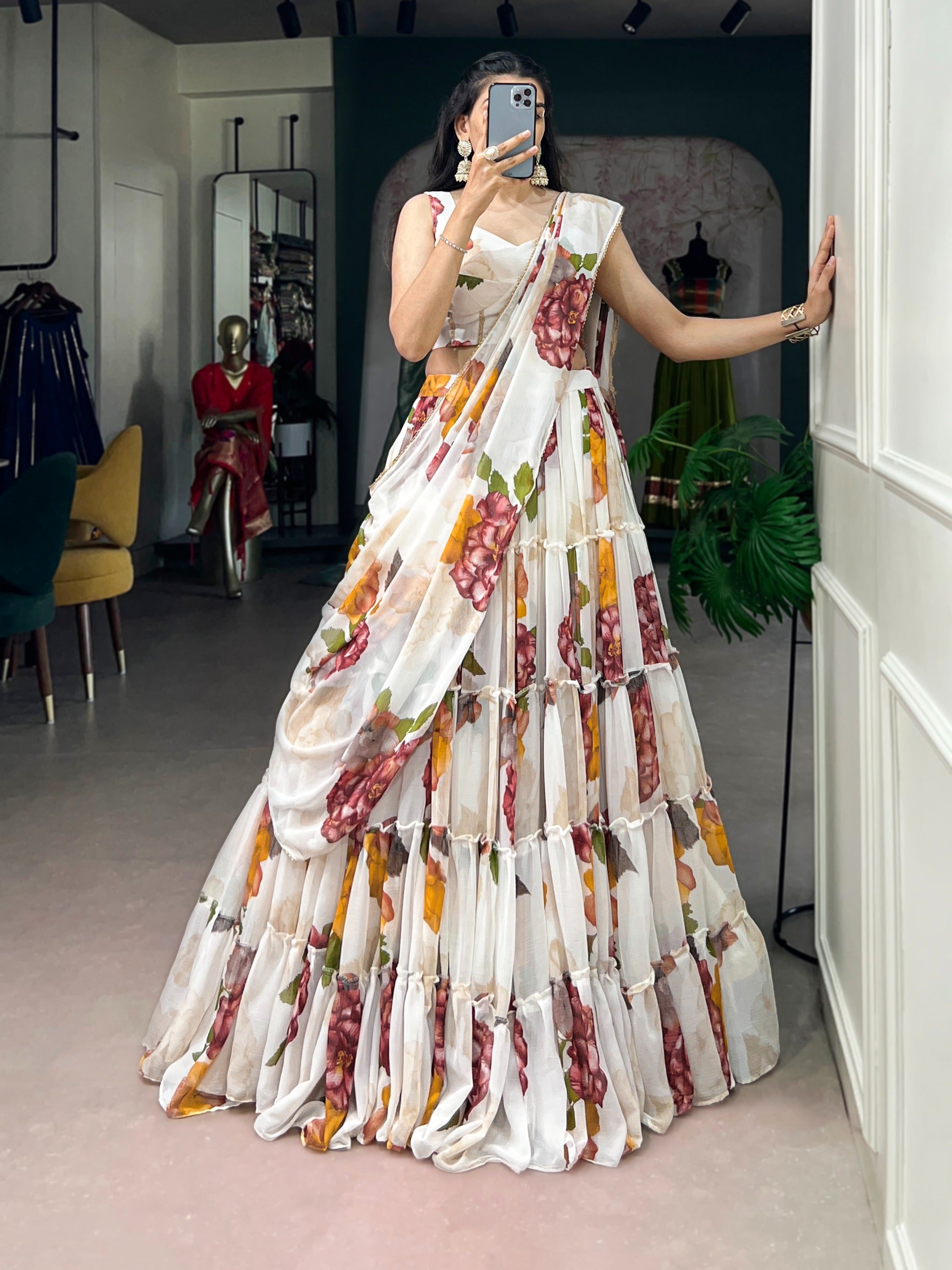 Women’s Floral Print Chiffon Lehenga Choli Set with Lace Work & Dupatta