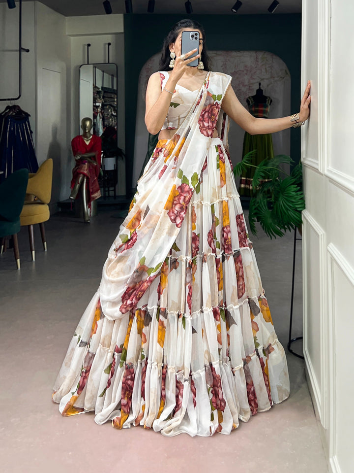 Women’s Floral Print Chiffon Lehenga Choli Set with Lace Work & Dupatta