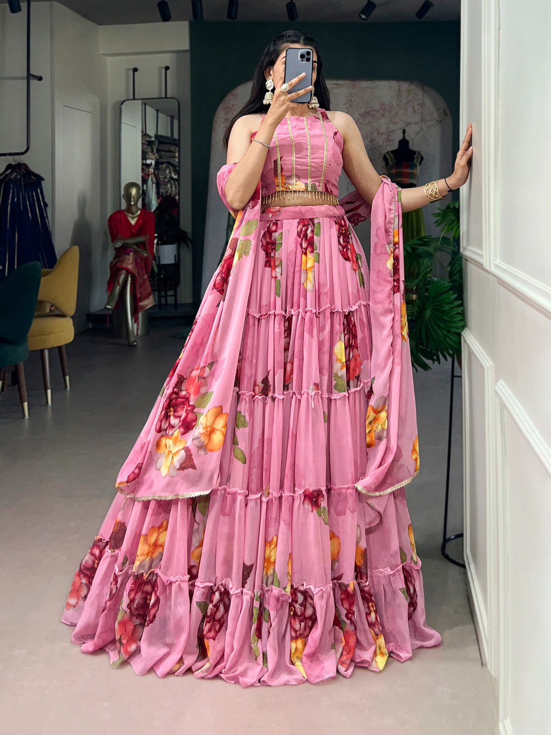 Women’s Floral Print Chiffon Lehenga Choli Set with Lace Work & Dupatta