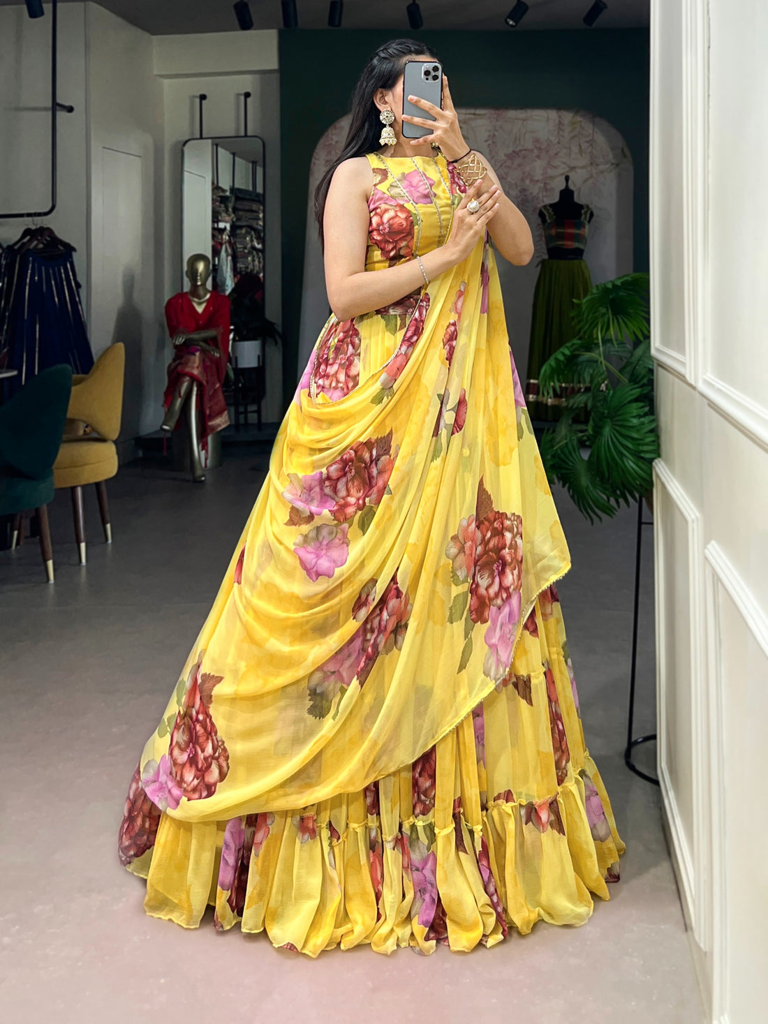 Women’s Floral Print Chiffon Lehenga Choli Set with Lace Work & Dupatta