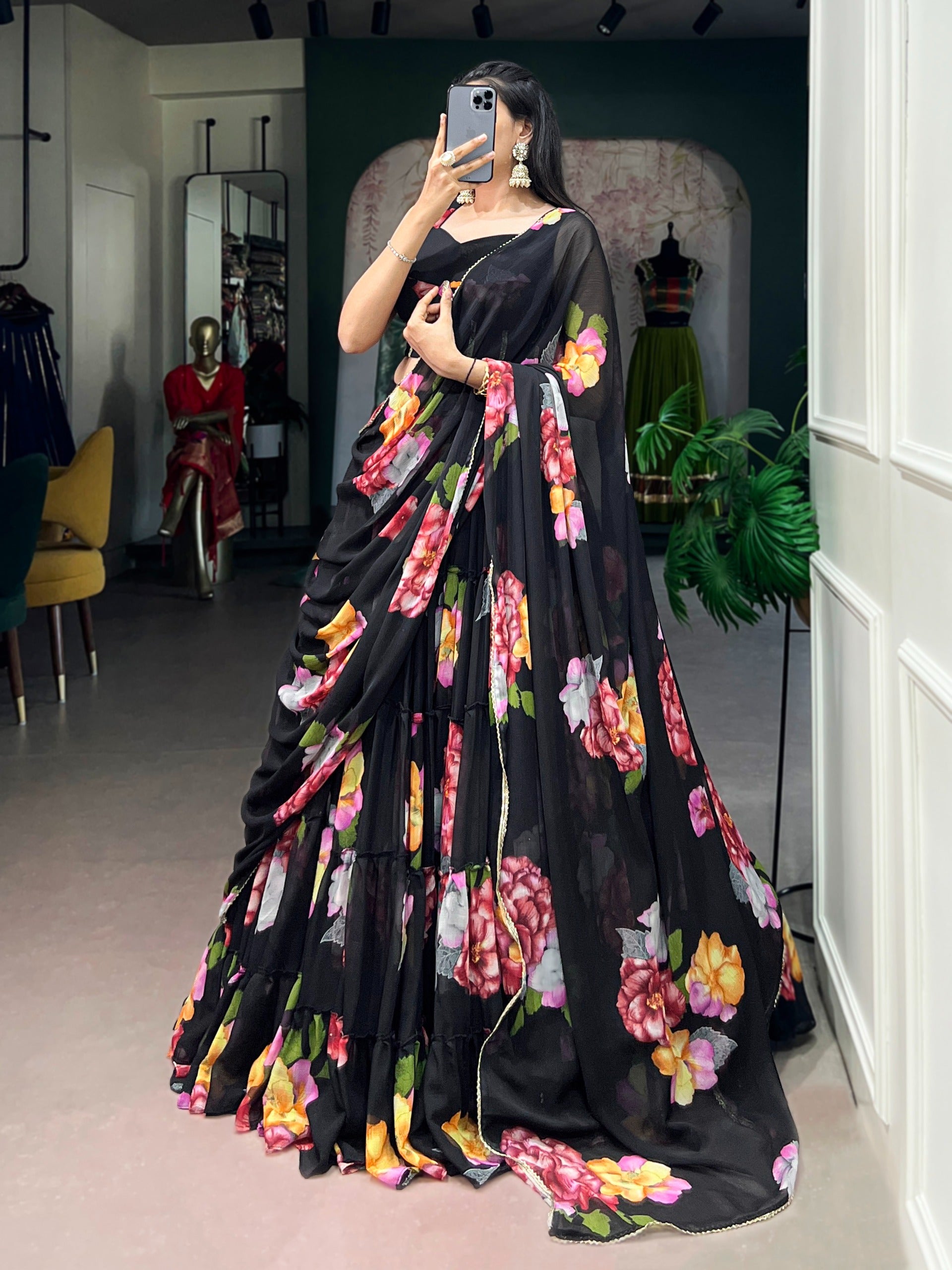 Women’s Floral Print Chiffon Lehenga Choli Set with Lace Work & Dupatta
