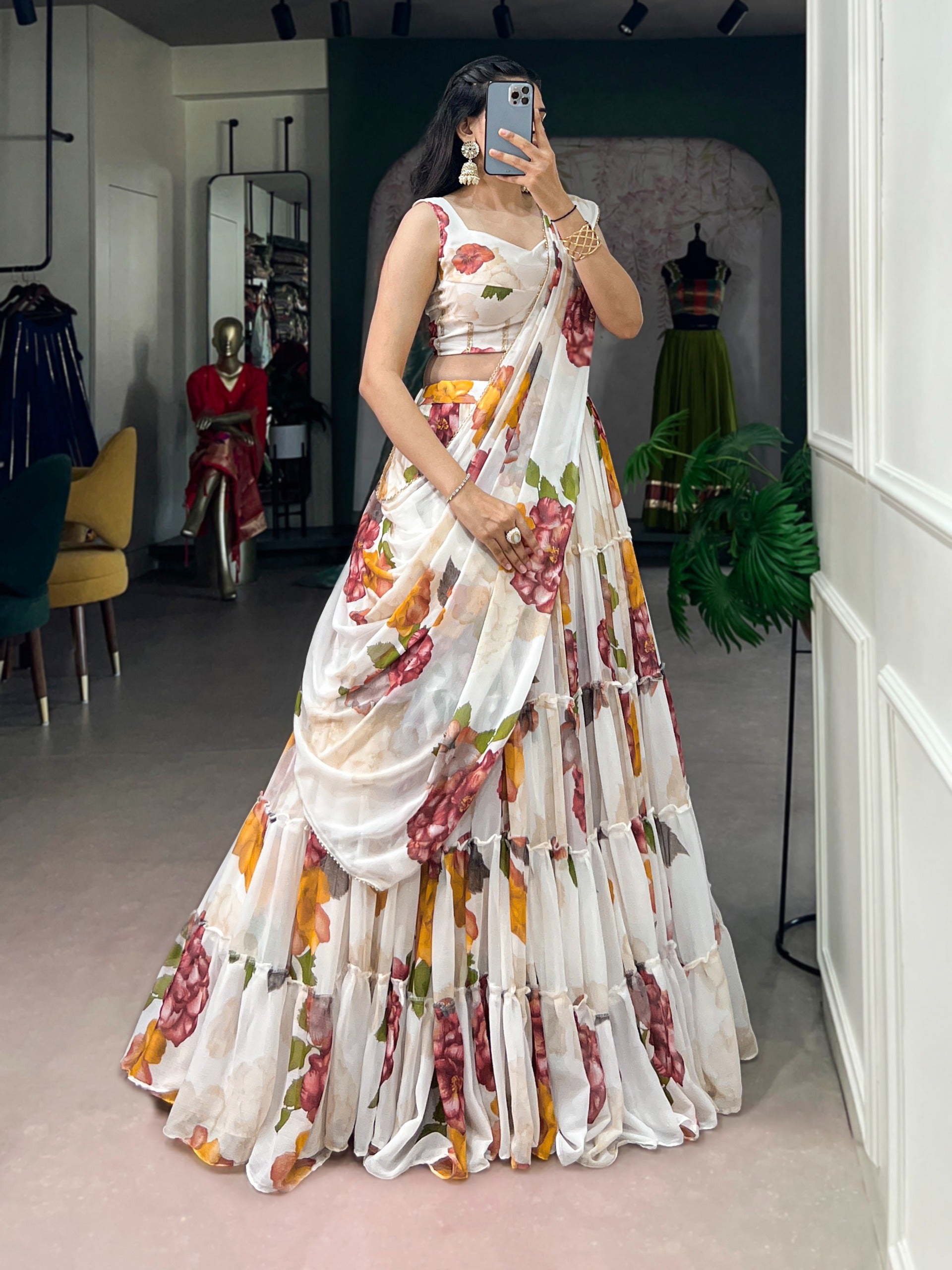 Women’s Floral Print Chiffon Lehenga Choli Set with Lace Work & Dupatta