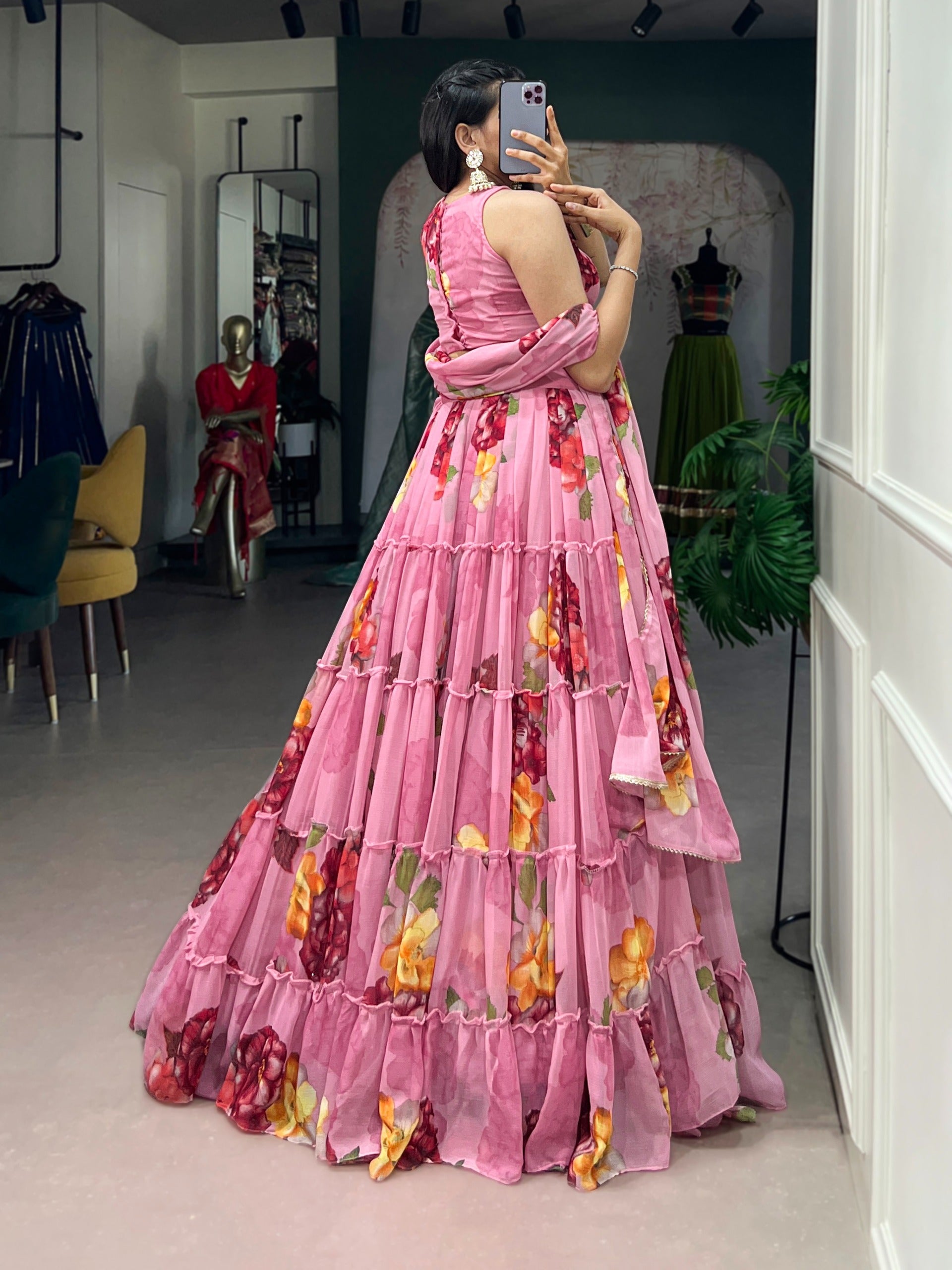 Women’s Floral Print Chiffon Lehenga Choli Set with Lace Work & Dupatta