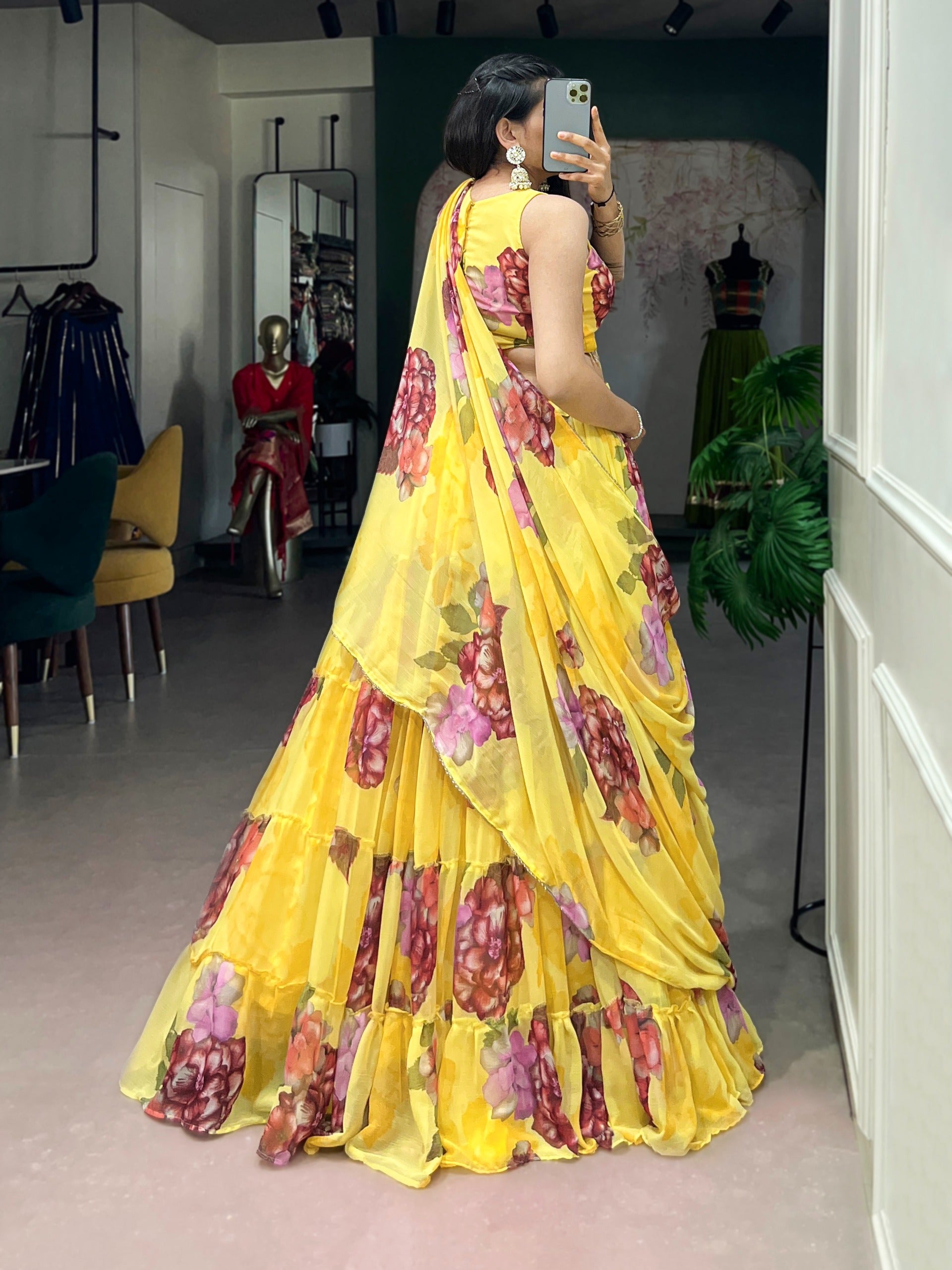 Women’s Floral Print Chiffon Lehenga Choli Set with Lace Work & Dupatta