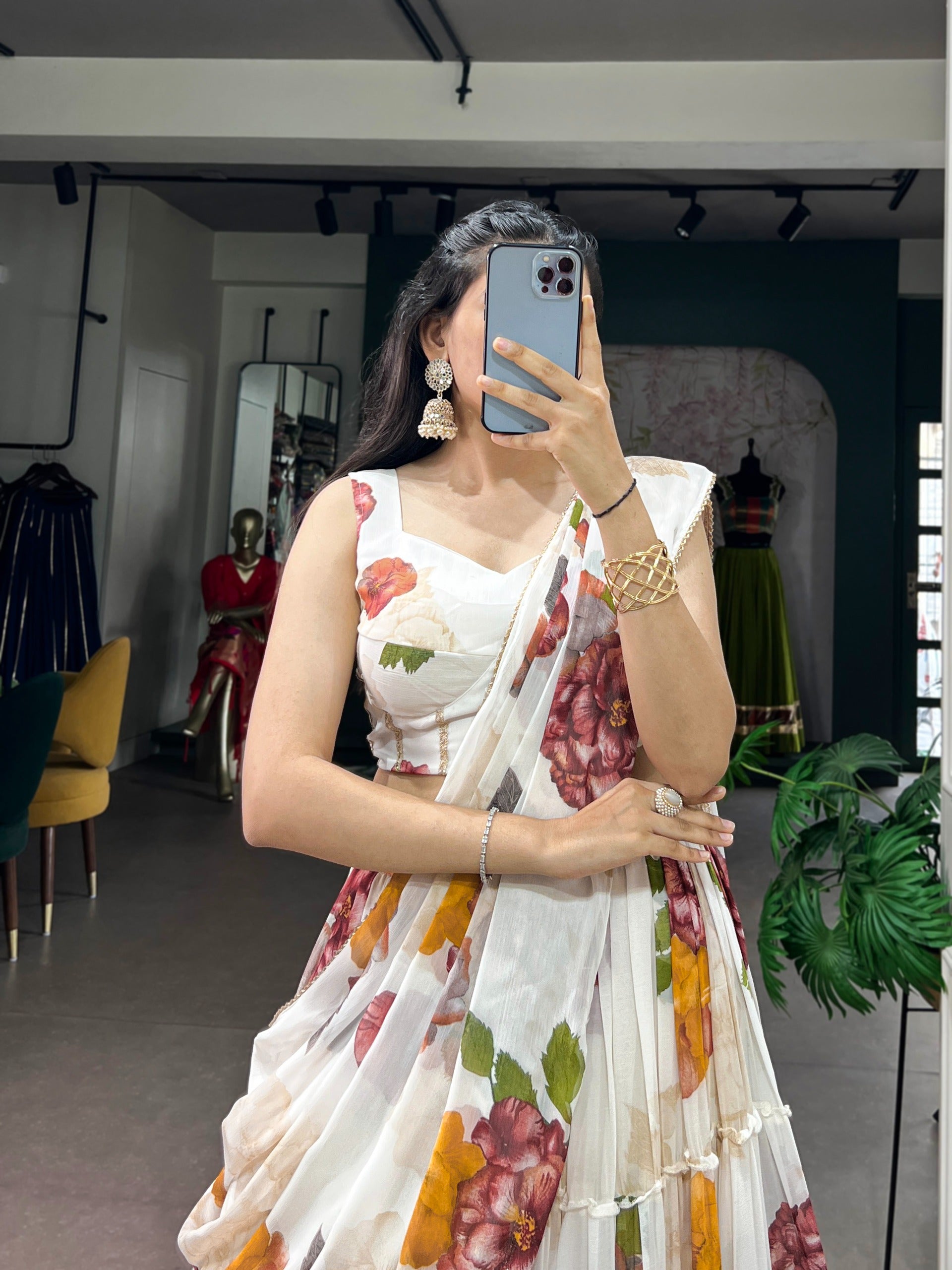 Women’s Floral Print Chiffon Lehenga Choli Set with Lace Work & Dupatta