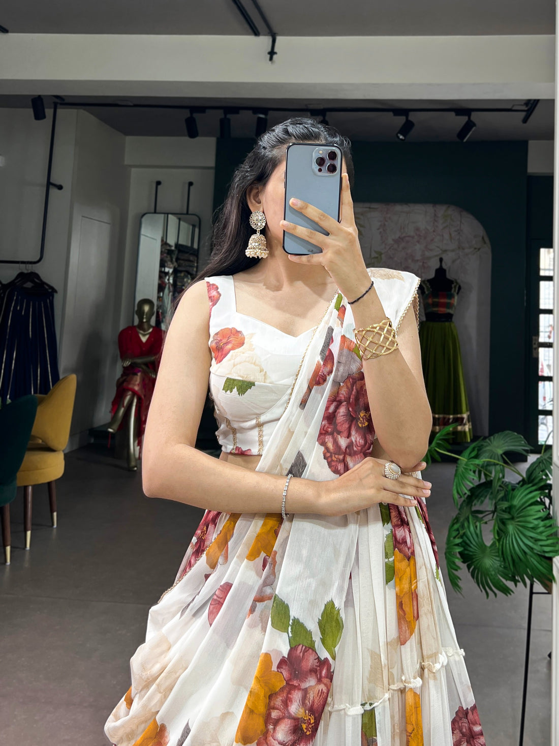 Women’s Floral Print Chiffon Lehenga Choli Set with Lace Work & Dupatta